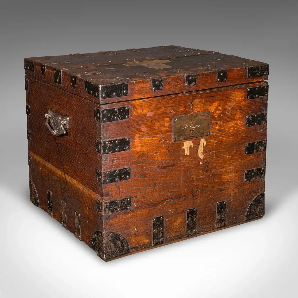Antique Fitted Silver Chest, English, Oak, Iron Bound, Shipping Trunk