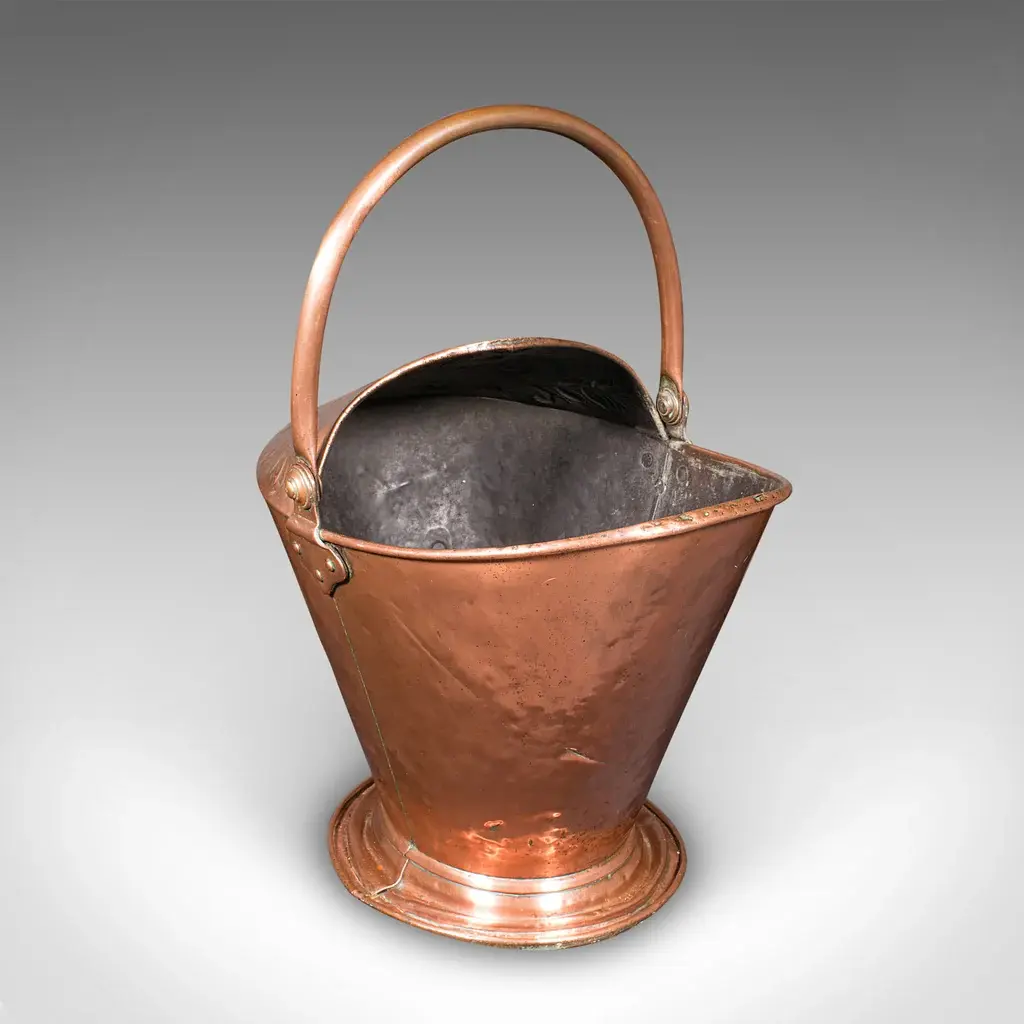 Antique Fireplace Coal Scuttle, English Copper, Basket, Art Nouveau, Victorian
