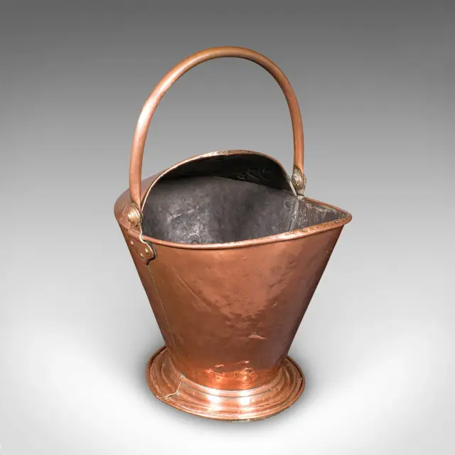 Antique Fireplace Coal Scuttle, English Copper, Basket, Art Nouveau, Victorian