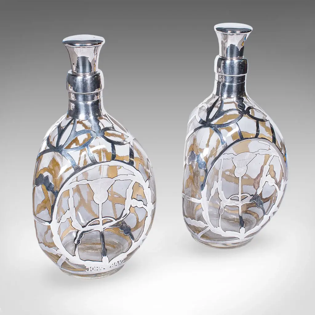 Pair of Vintage John Haig Whisky Decanters, English, Glass, Silver, Hallmarked