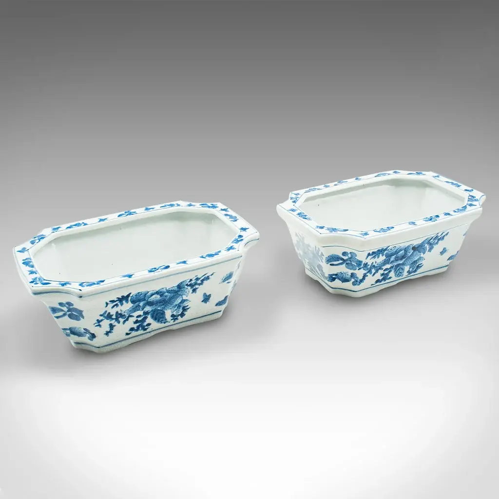 Pair Of Vintage Window Box Planters, Chinese Ceramic, Blue and White