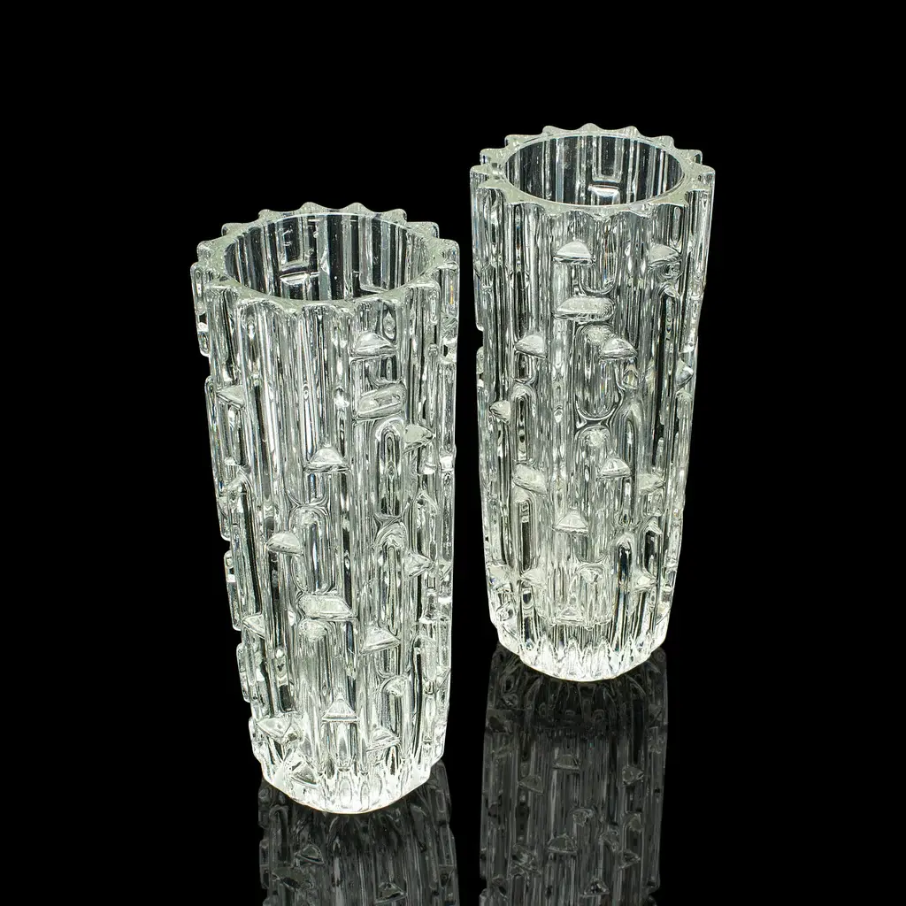 Pair Of Vintage Designer Vases, Czech, Bohemian Art Glass, Flower