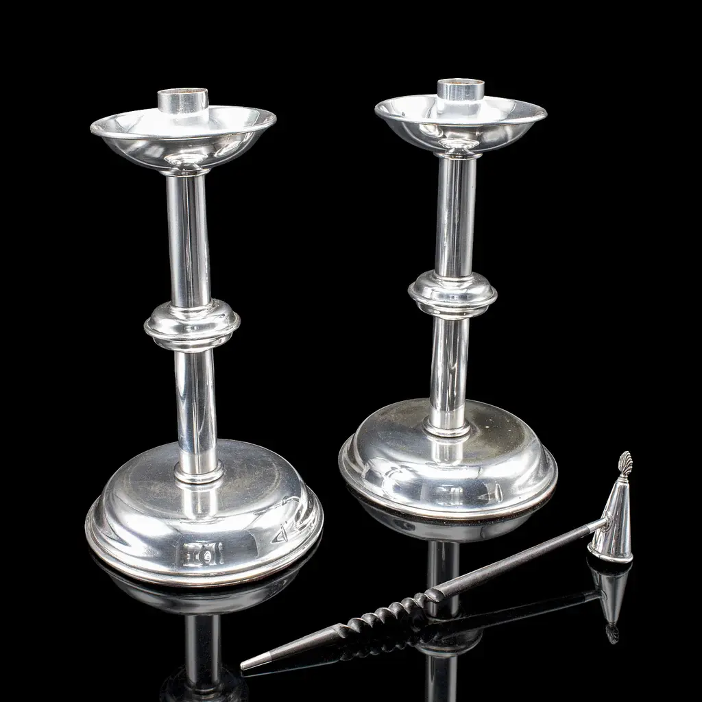 Pair of Vintage Candlesticks, English, Silver Plate, Snuffer Tool, Mid Century
