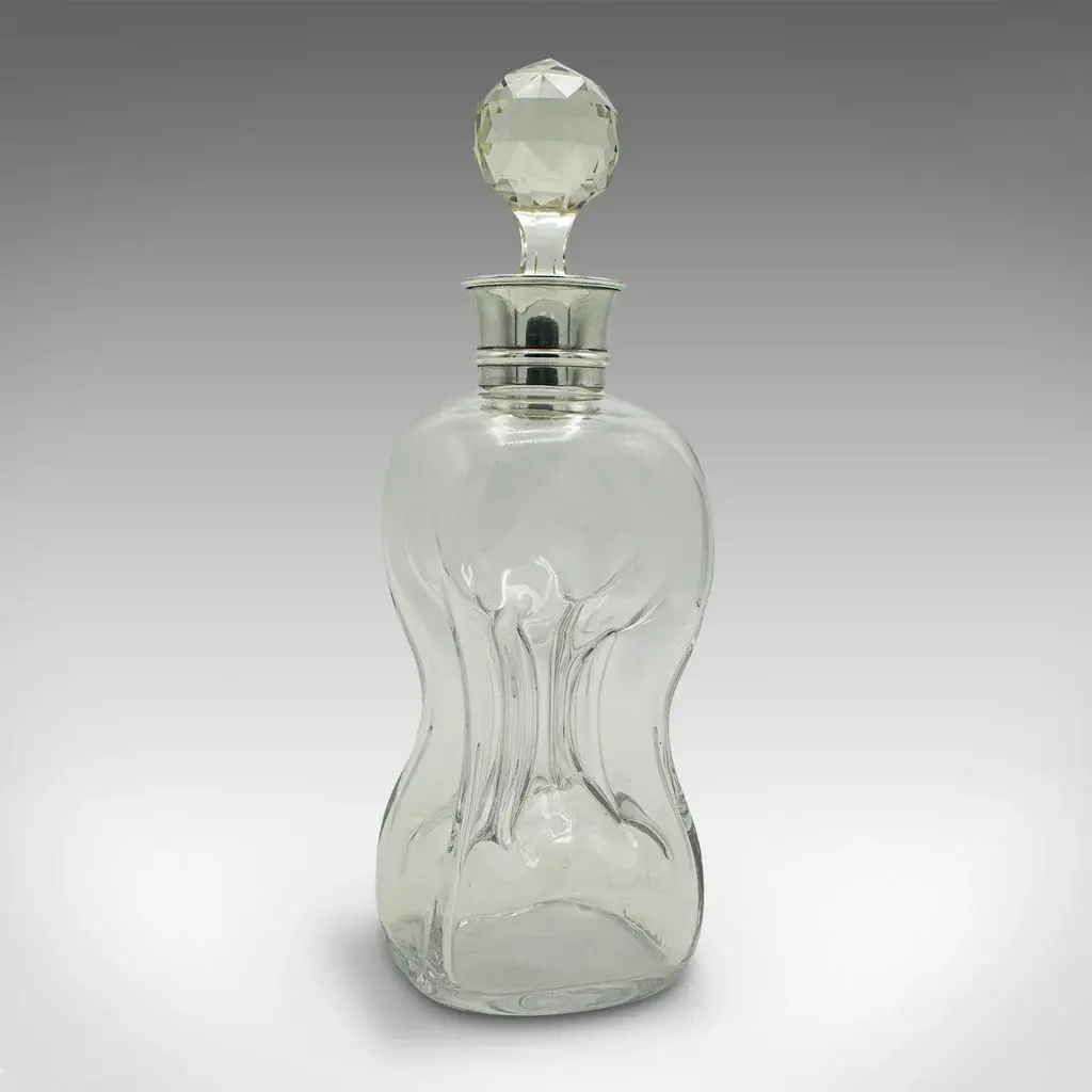 Antique Port Decanter, English, Glass, Silver, Birmingham, Edwardian
