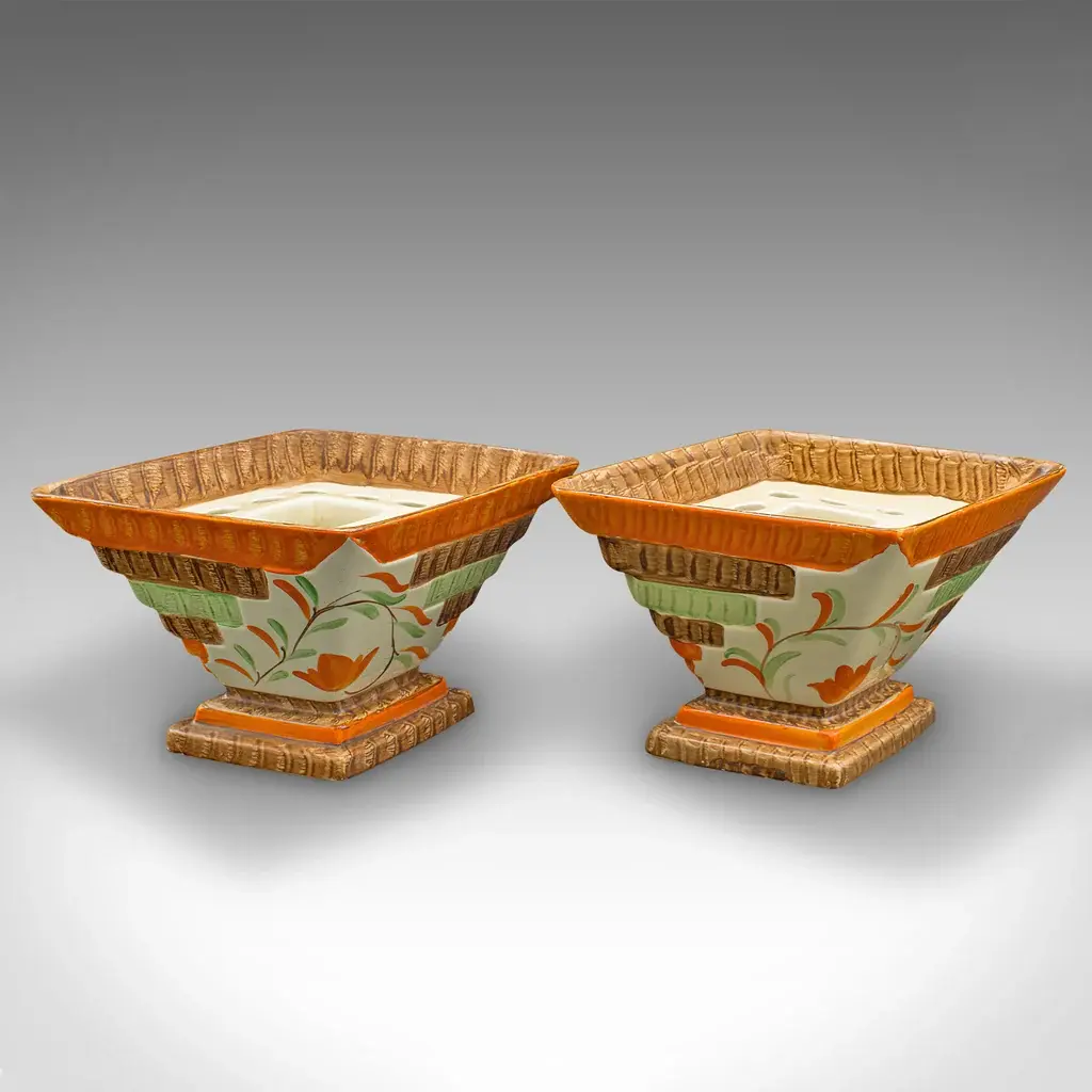 Pair Of Vintage Dried Flower Vases, English, Hand Painted Ceramic, Art Deco