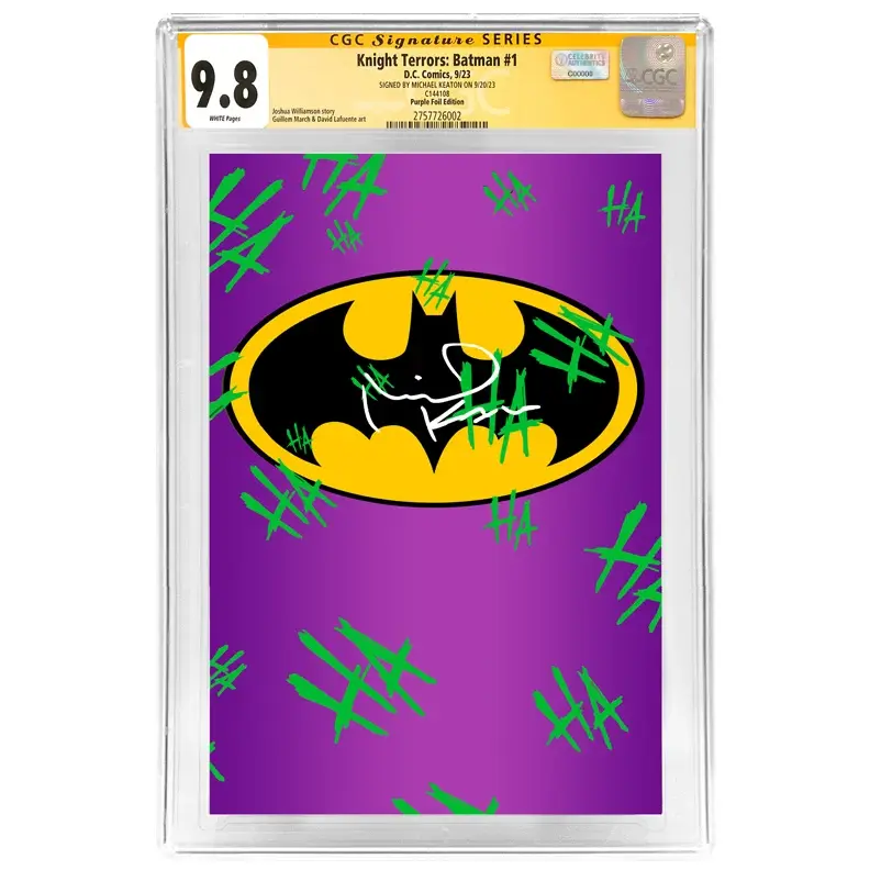 Michael Keaton Autographed 2023 Knight Terrors Batman #1 Purple Foil