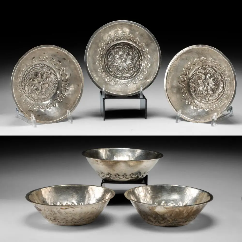 Three Spanish Colonial 19th C. Peruvian Silver Bowls with Floral Rosettes