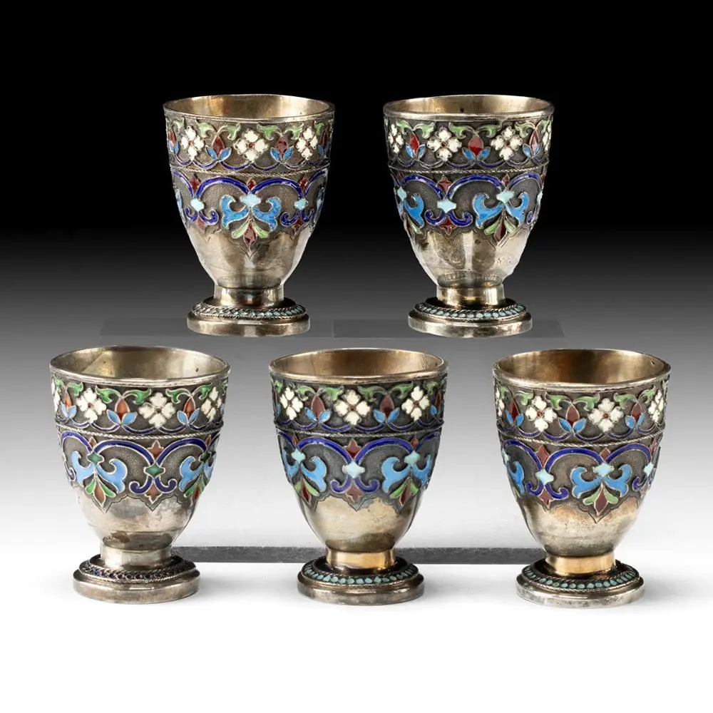 Set of 5 Imperial Russian Silver-Gilt and Cloisonné Enamel Cordial