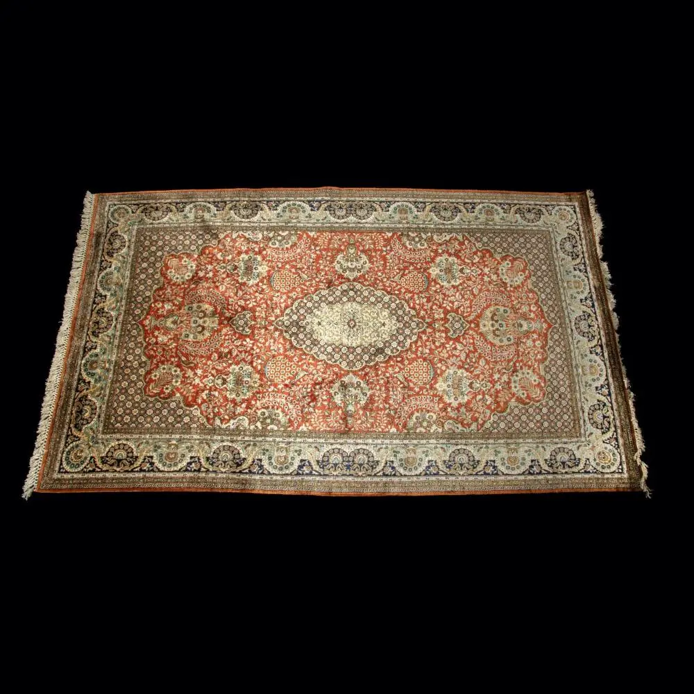 Persian Silk Qum Low Pile Rug with Medallion, Flowering Vases, and Birds