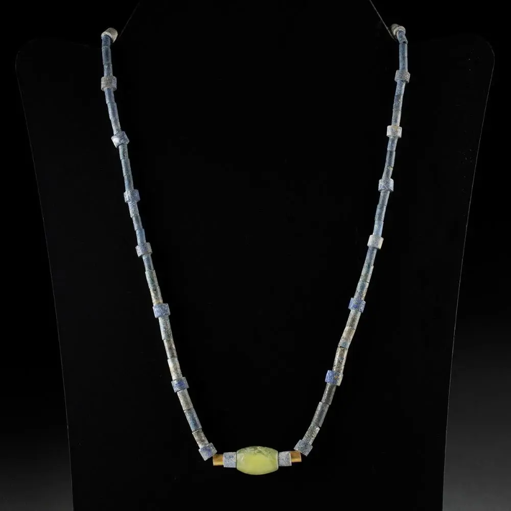 Ancient Near Eastern Lapis Lazuli Bead Necklace + Green Stone