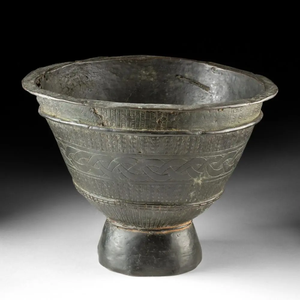 19th C. Ghana Akan Brass Kuduo Footed Vessel with Interlace Band
