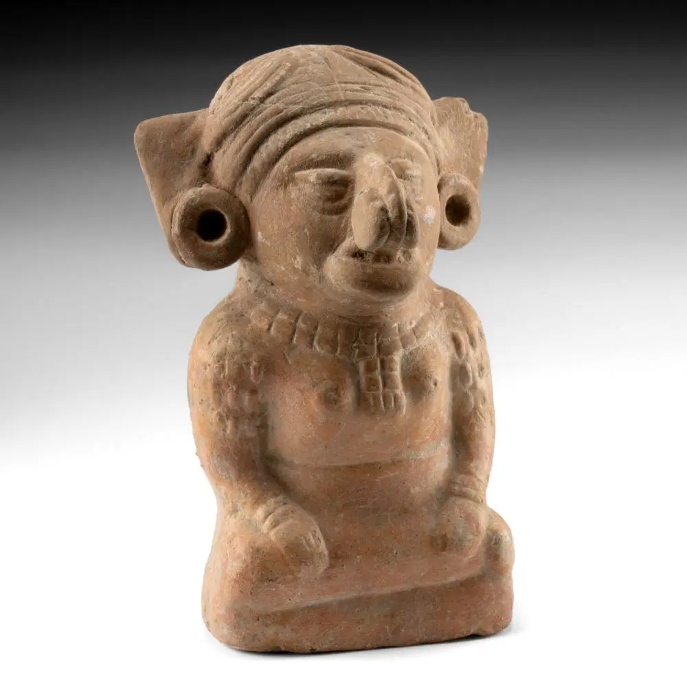 Maya Mold-Made Seated Pottery Woman Figure with Ear Spools