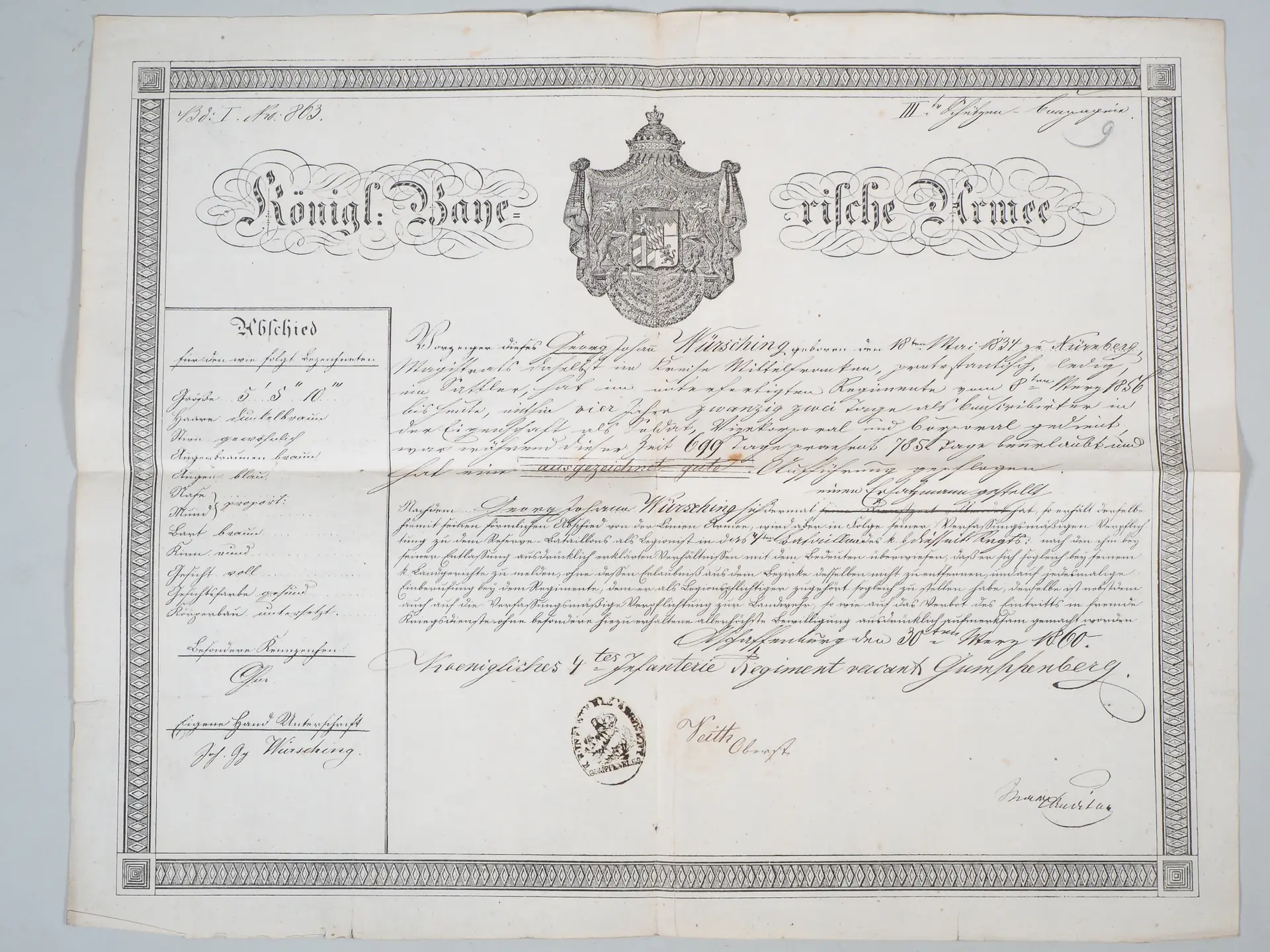 Los 2105: Königreich Bayern: Große Urkunde 1860, 4. Infanterie-Regiment