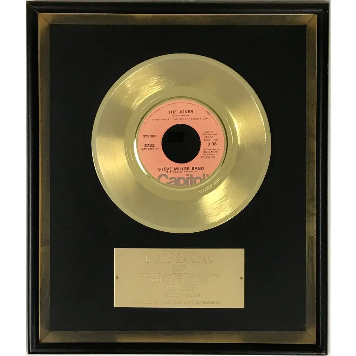 Steve Miller Band "The Joker" 1974 Capitol Records Award