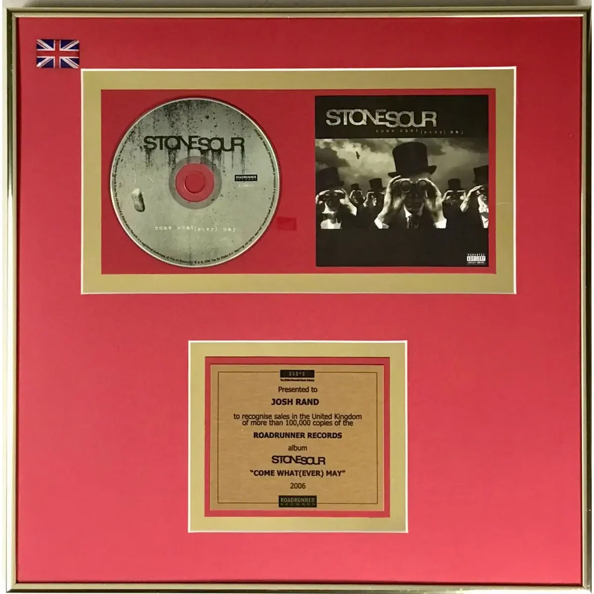 Stone Sour Come What(Ever) May BPI Gold Album Award presented to guitarist