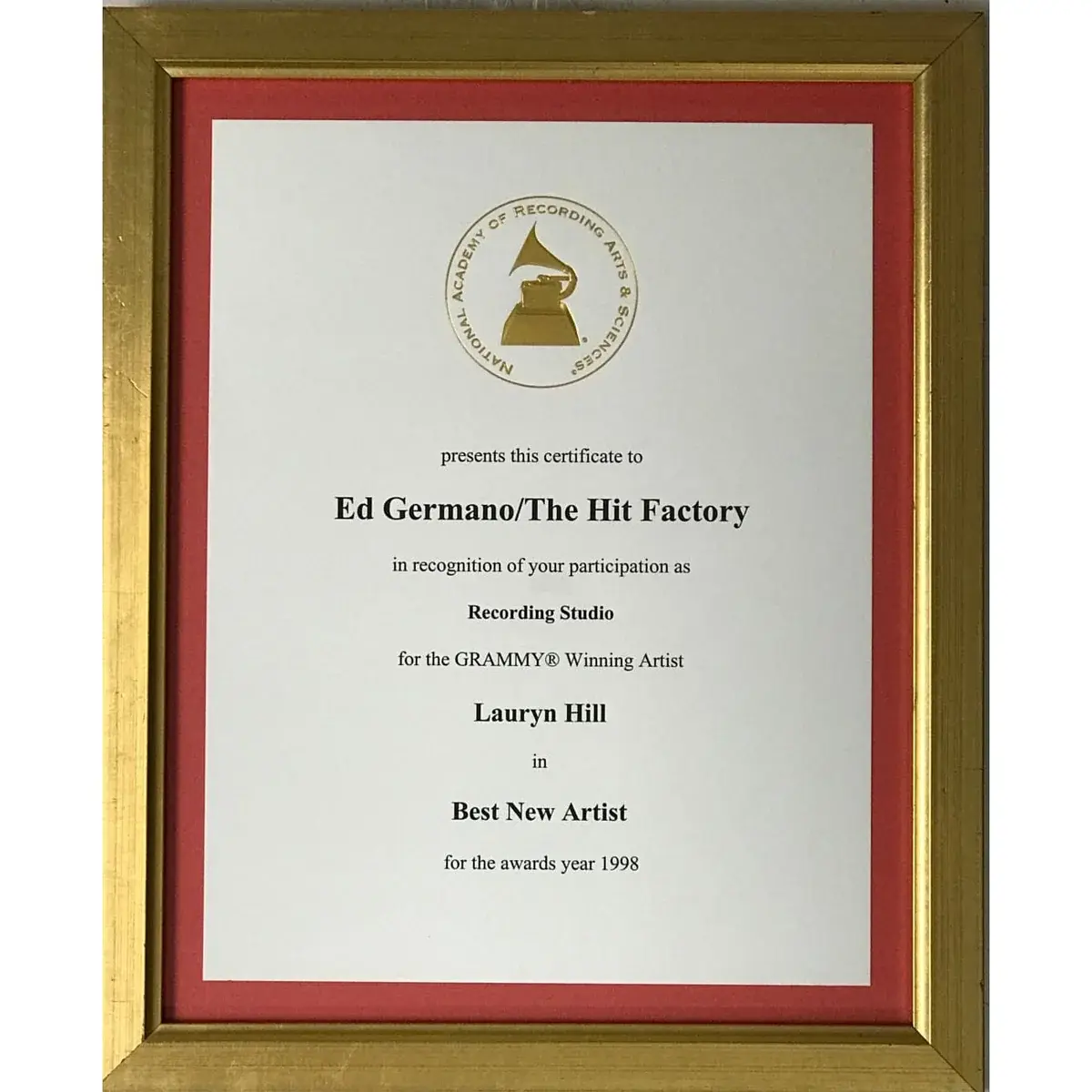 Lauryn Hill 1998 Best New Artist Grammy Win Studio Plaque - RARE