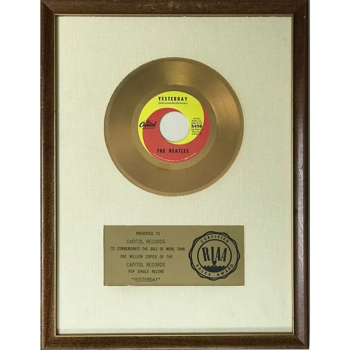 Beatles "Yesterday" RIAA Gold 45 Award- RARE