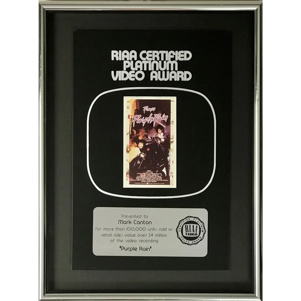 Prince Purple Rain RIAA Platinum Video Award