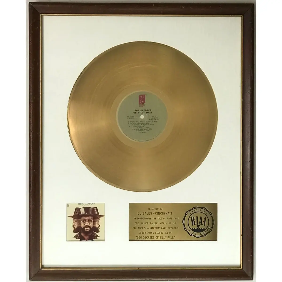 Billy Paul 360 Degrees Of Billy Paul RIAA Gold LP Award signed on