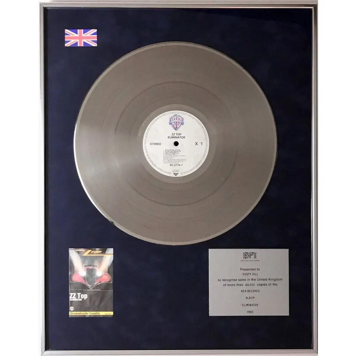 ZZ Top Eliminator 1983 BPI Silver Album Award presented to Dusty Hill - RARE