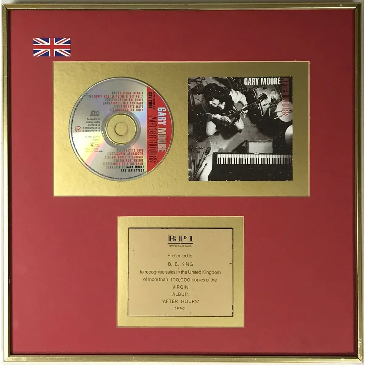 Gary Moore After Hours BPI Gold Album Award presented to B.B. King - RARE
