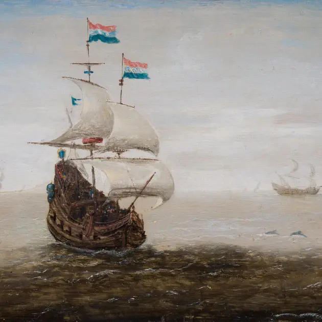 Cornelis Verbeeck - Dutch Vessel Passing a Rocky Headland with Dolphins