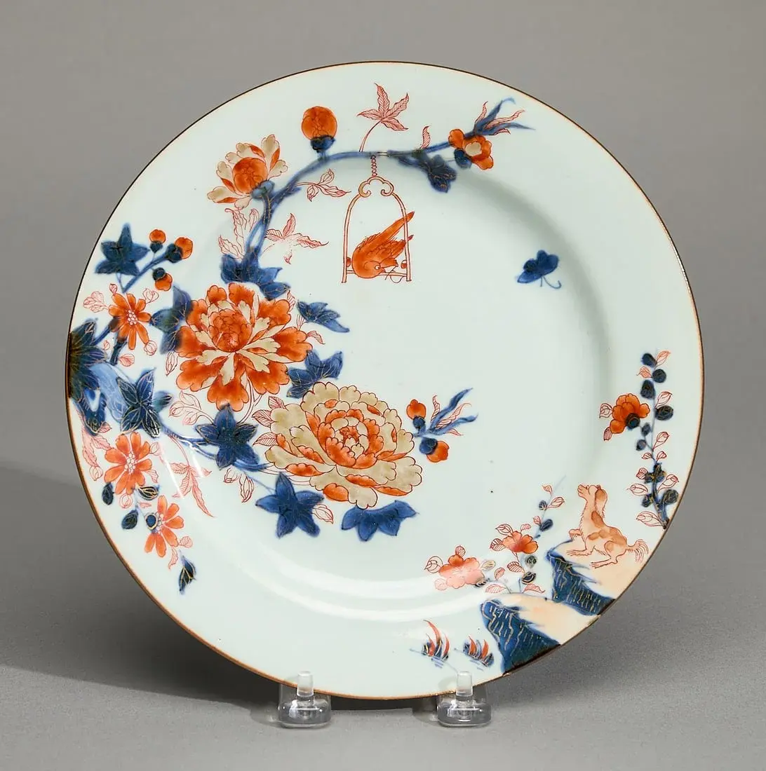 Chinese Imari Bird, Dog, & Peonies Plate