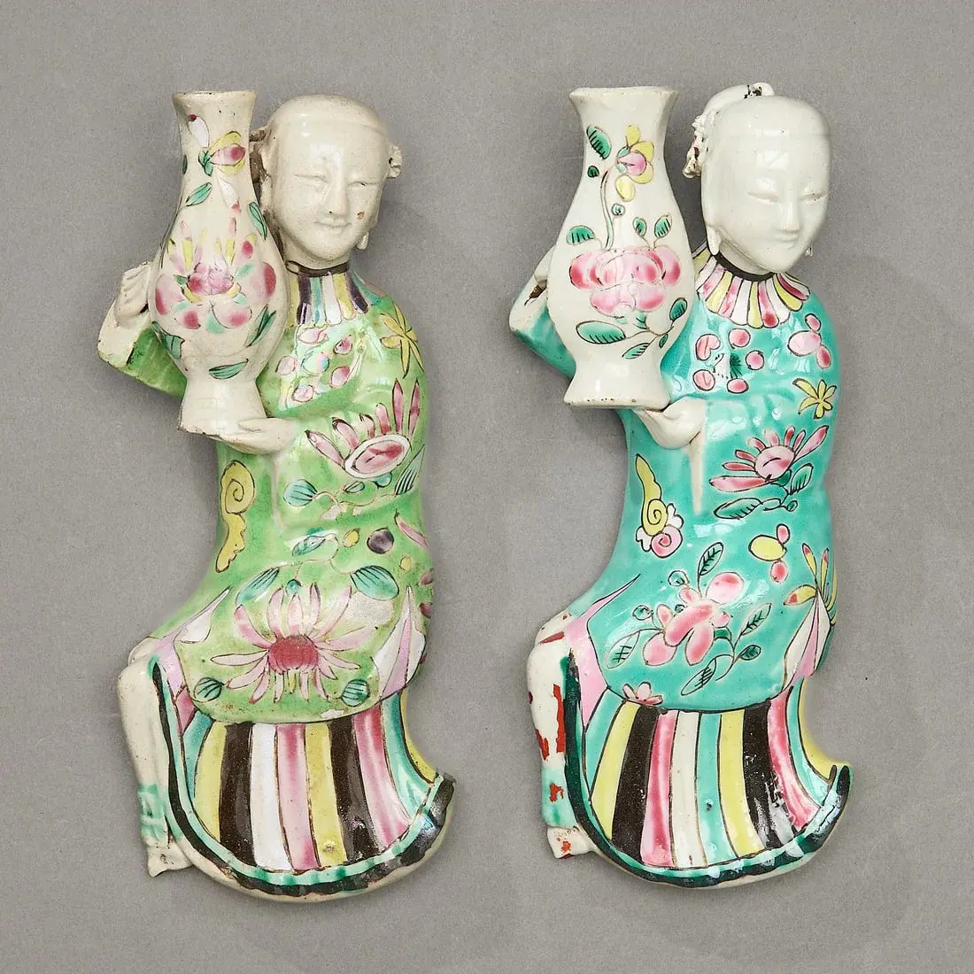 Pr Chinese Export Famille Rose Maiden Wall Vases