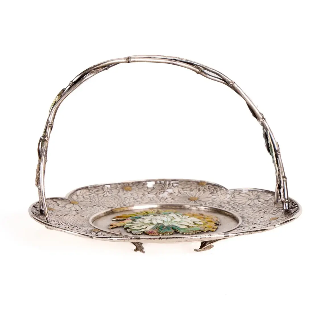 Japanese Meiji Cloisonne & Silver Filigree Basket