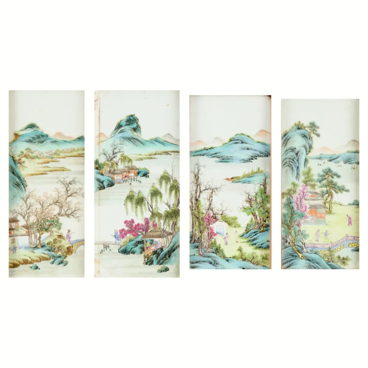 4 Chinese Qing Famille Rose Porcelain Plaques