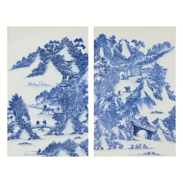 Pr Large Chinese Qing B&W Porcelain Plaques