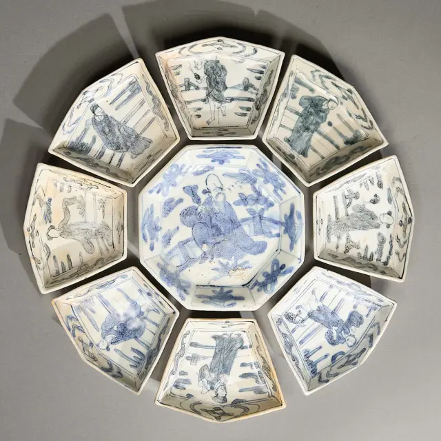 9 Pc Set Bihn Thuan Shipwreck B&W Porcelain Dishes