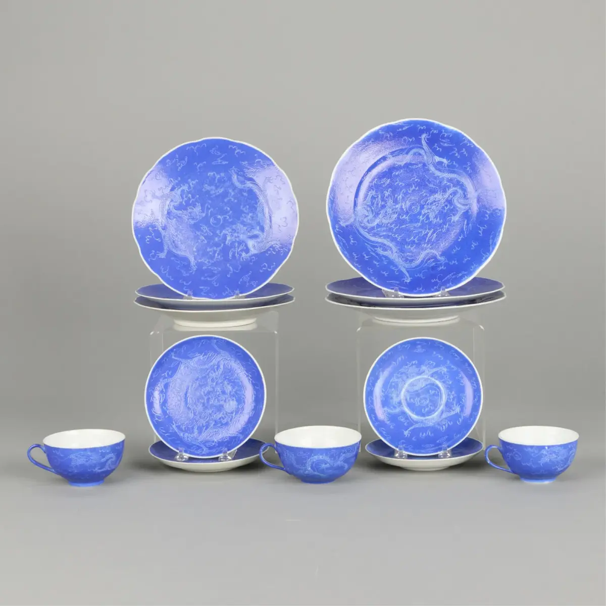 Set 13 Chinese 20th c. Sgraffito Porcelain Dishes