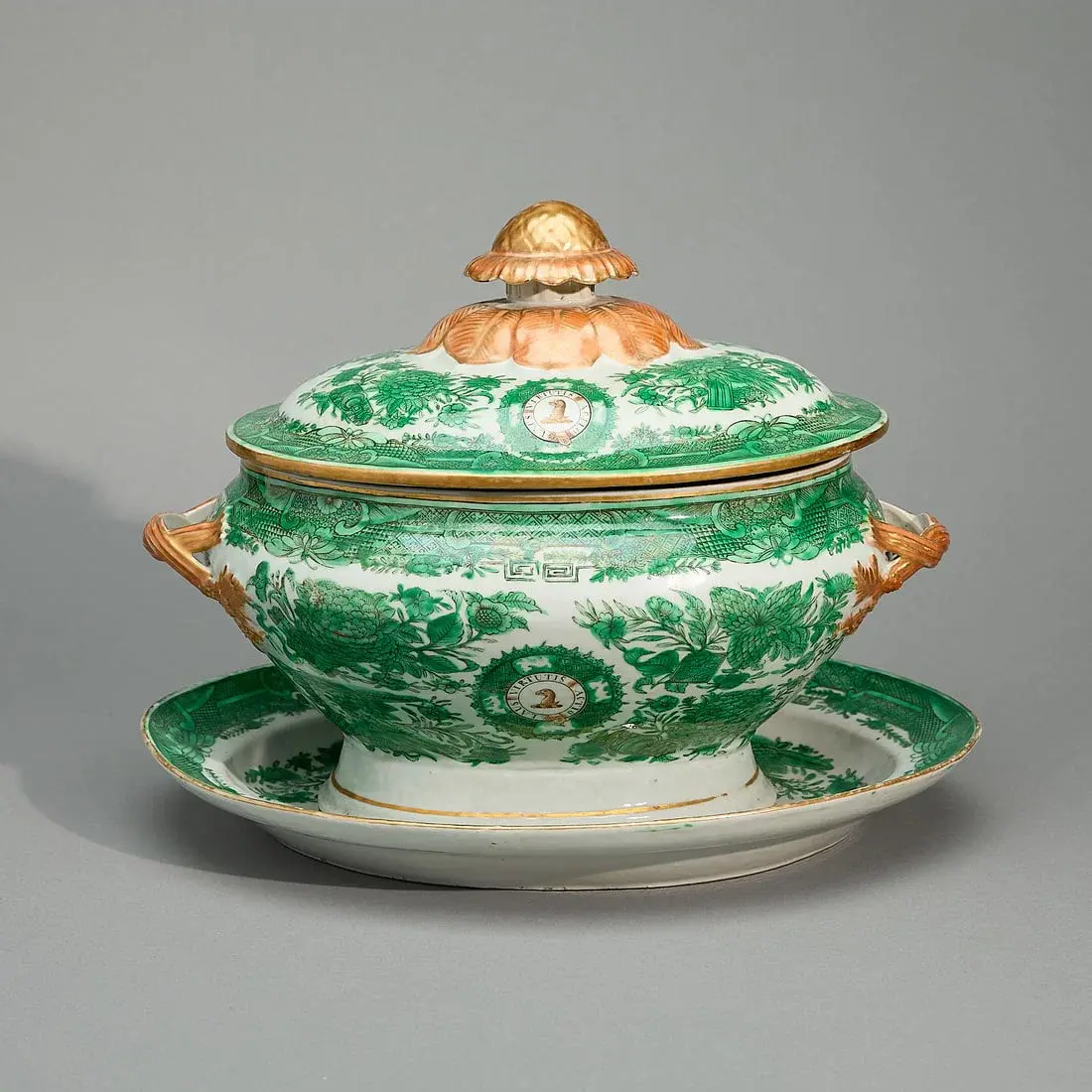 Green Fitzhugh Armorial Tureen, Cover, & Stand