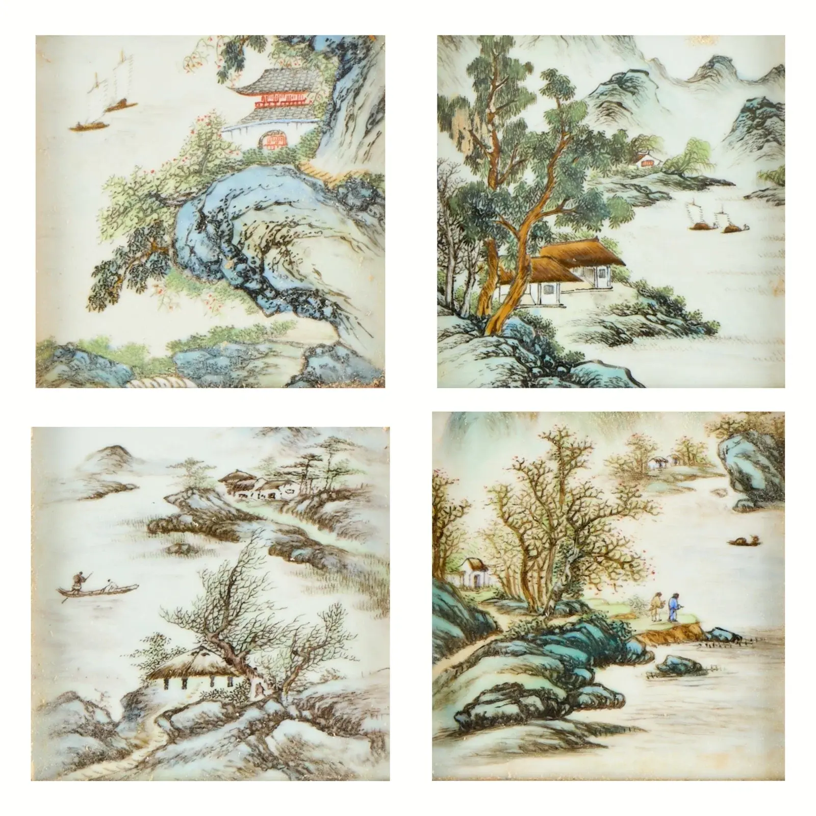 4 Chinese Famille Rose Porcelain Landscape Plaques