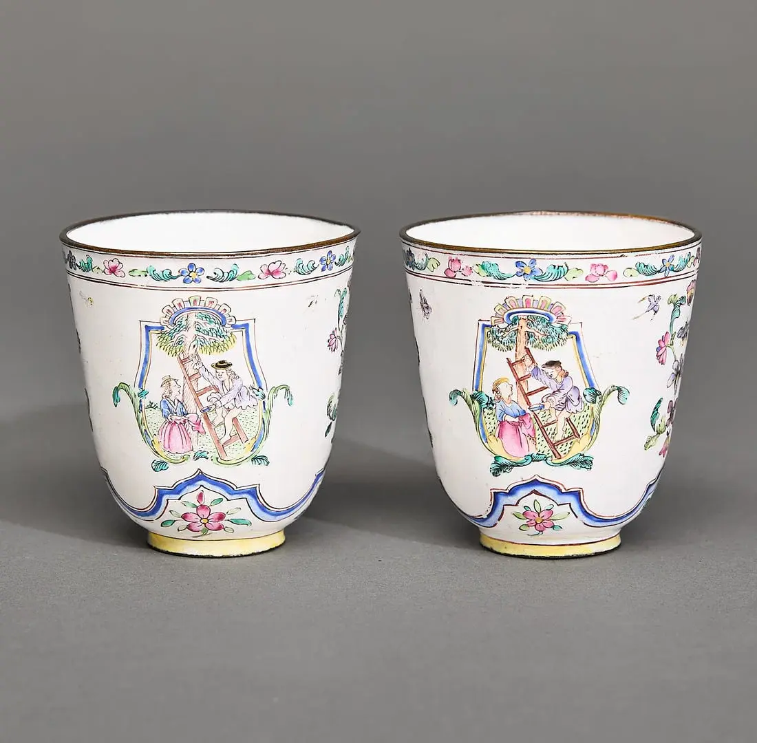 Rare Pair European Subject Enamel Beakers