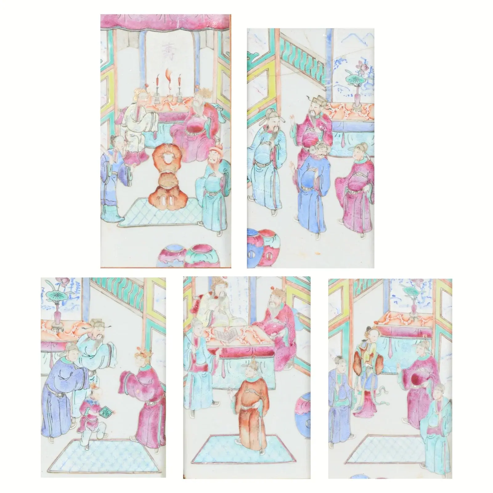 5 Chinese Famille Rose Porcelain Figural Plaques