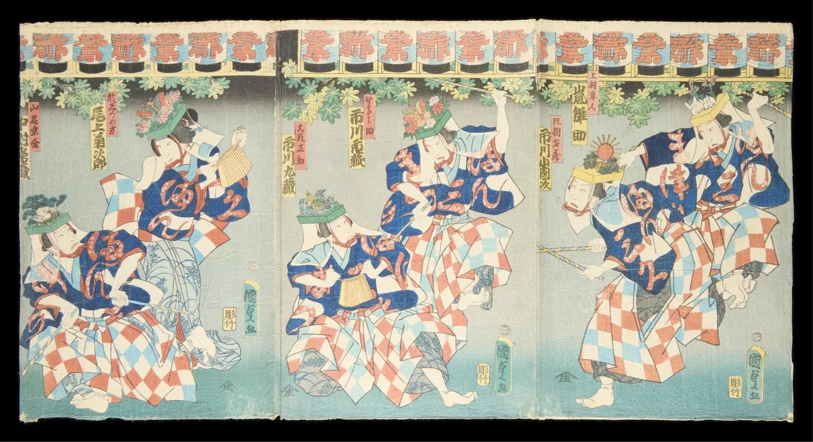 Kunisada II Nishiki-e Triptych of Kabuki Actors