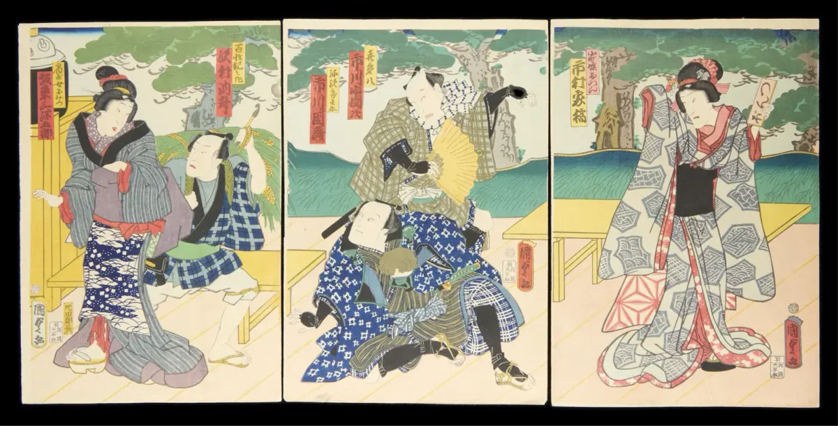 Kunisada II Kabuki Theater Triptych Woodblock