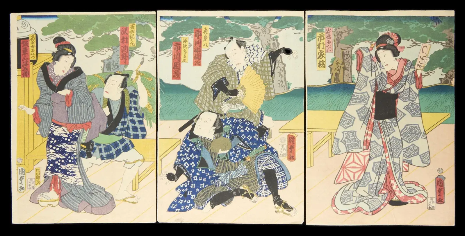 Kunisada II Kabuki Theater Triptych Woodblock