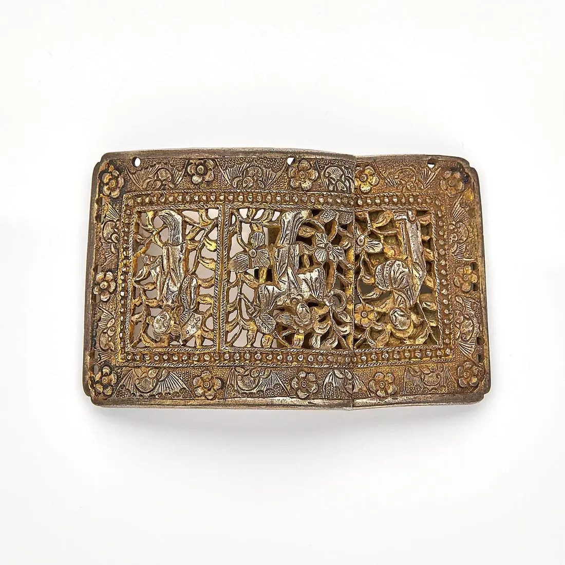 Chinese Gilt Silver Belt Buckle w/ Ladies & Bats