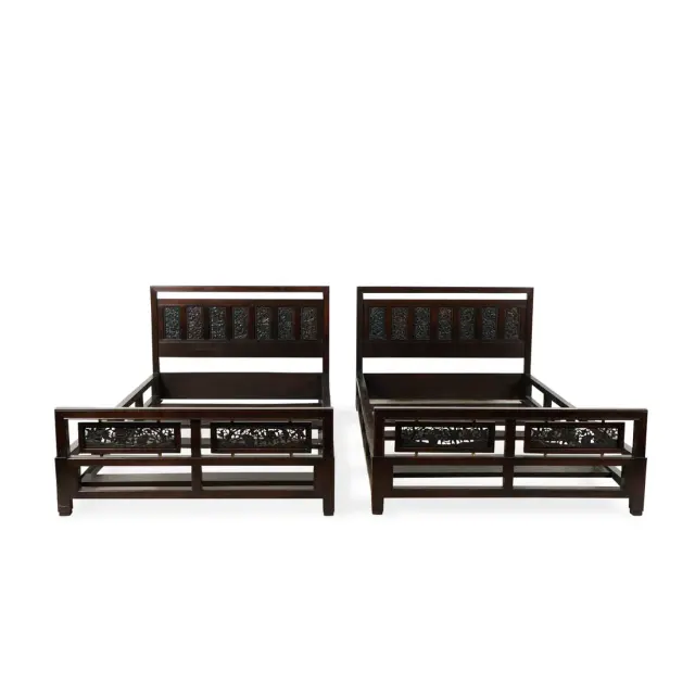 Pr Chinese Carved Hardwood Floral Twin Bed Frames