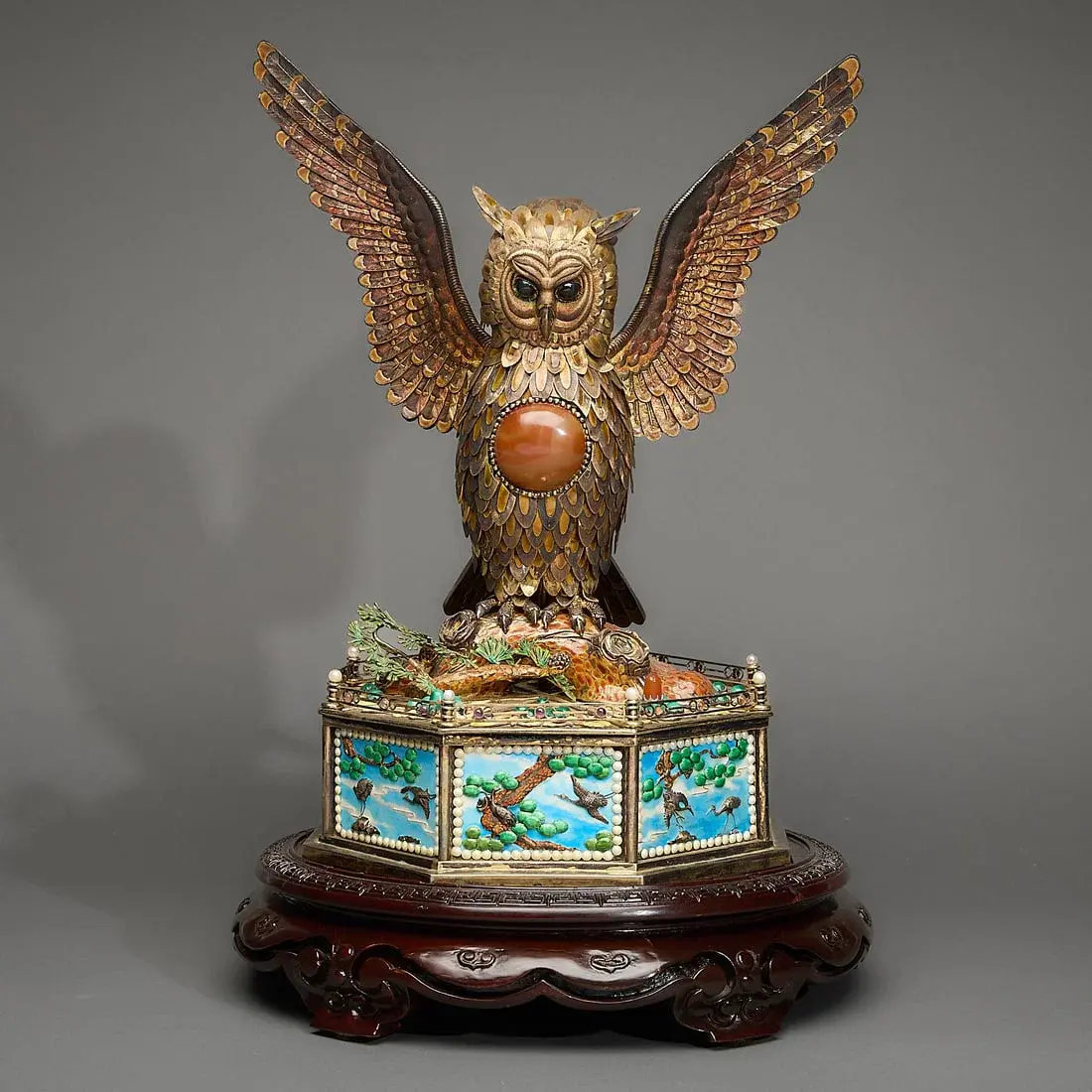 19th c. Chinese Export Owl Automaton Sculpture