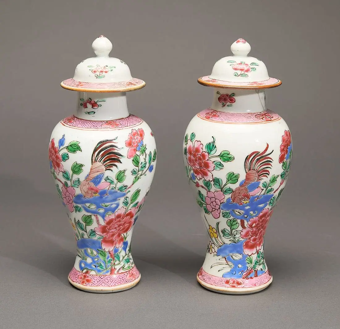 Pair Famille Rose Baluster Vases