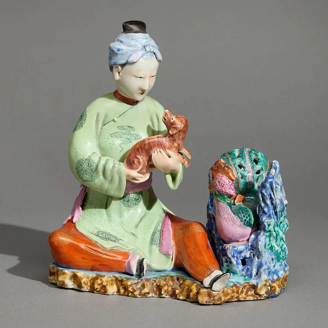 Famille Rose Lady w/ Dog & Peacock