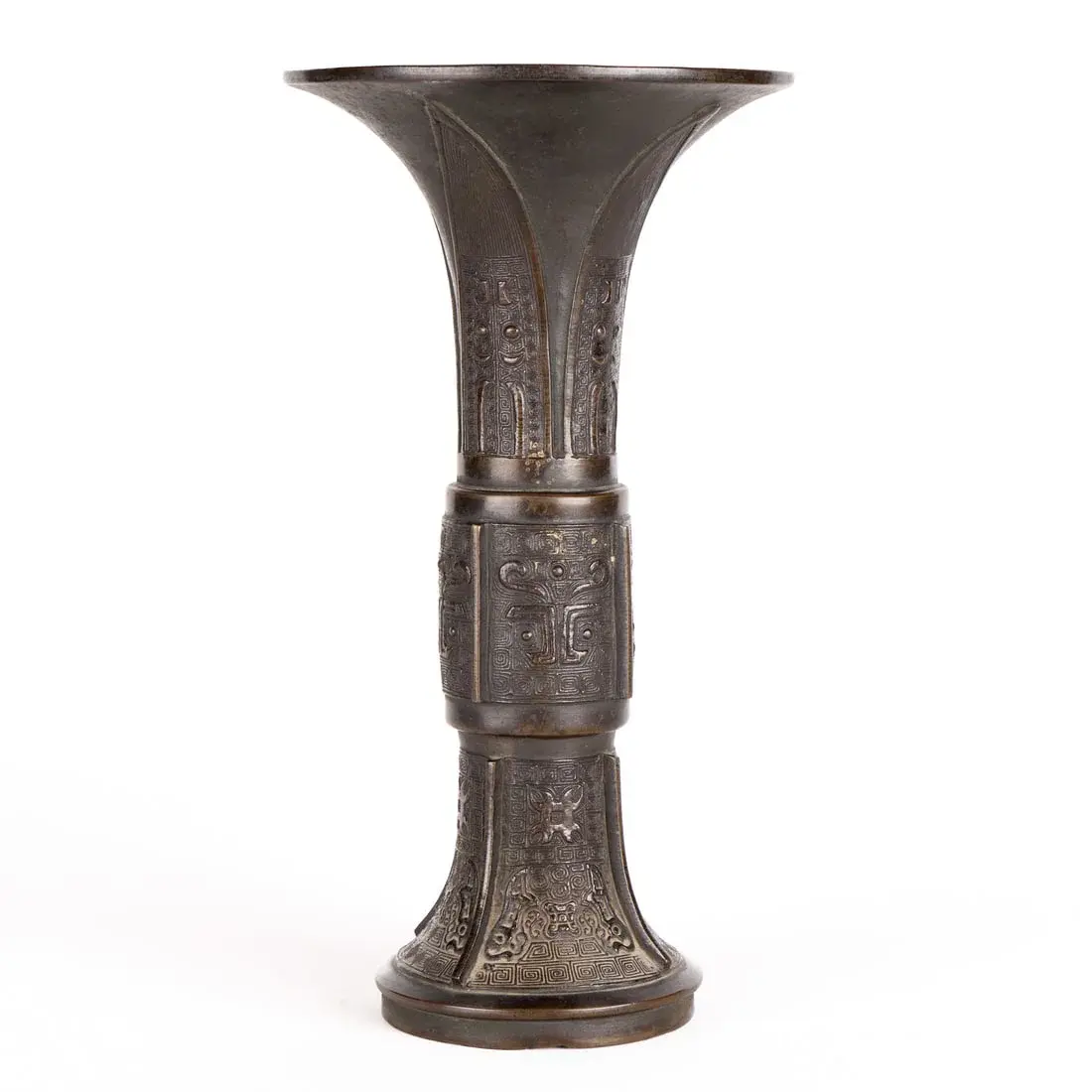 Chinese Archaistic Bronze Gu Wine Beaker Vessel