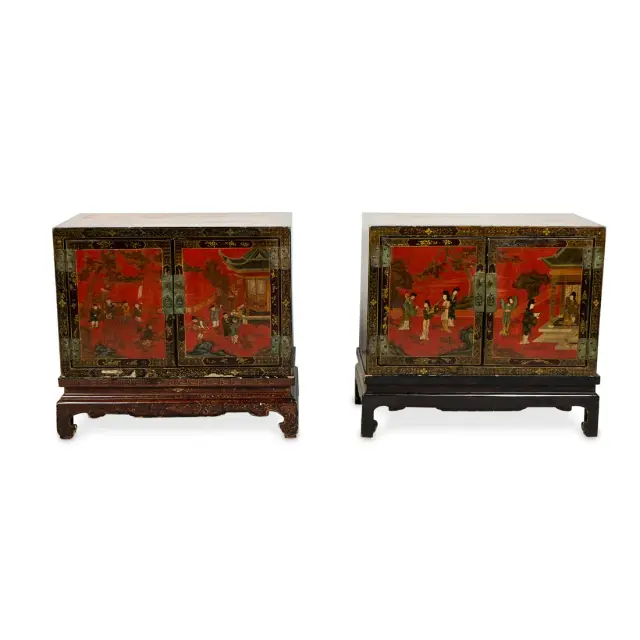 Pr Chinese Parcel-Gilt & Red Lacquer Side Cabinets
