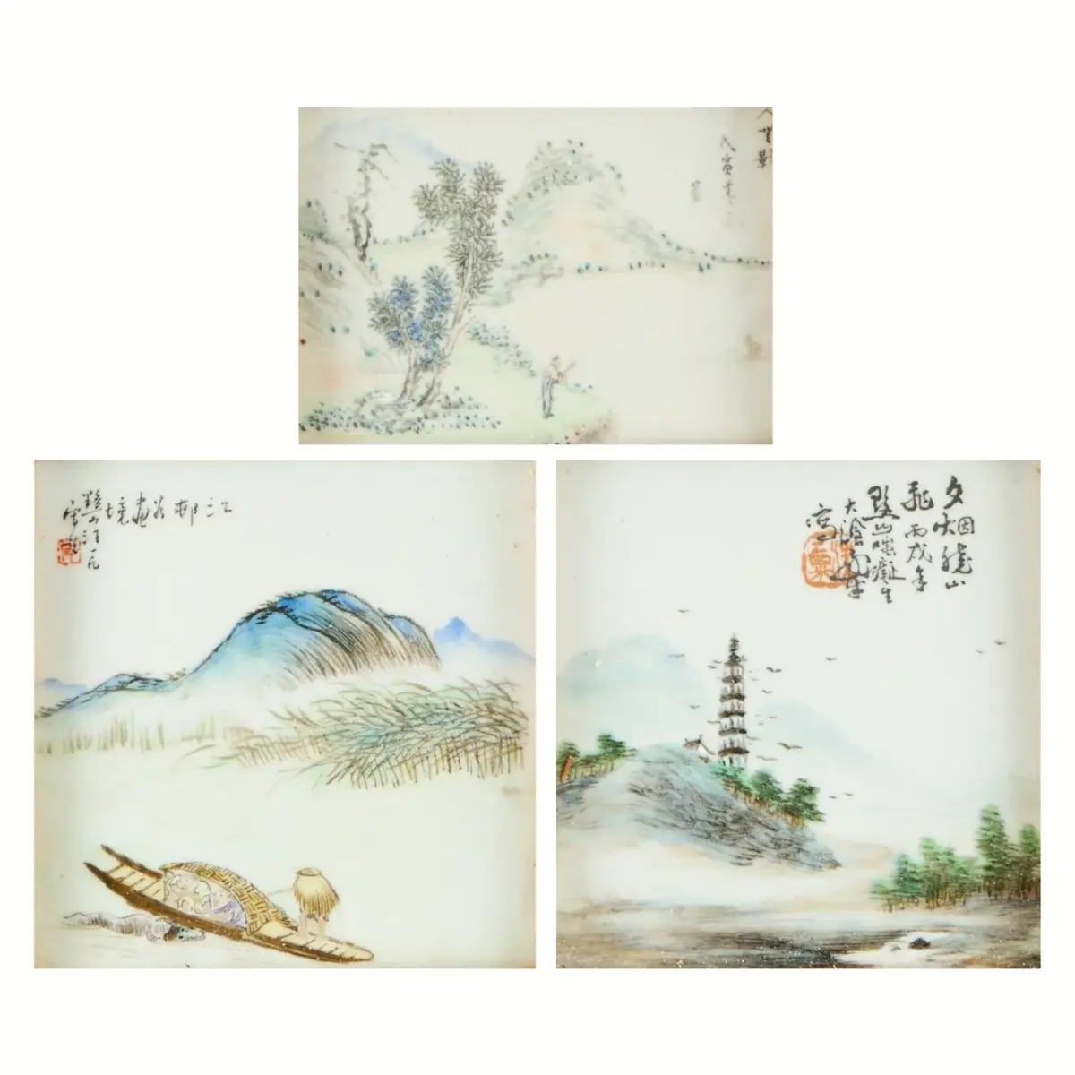 3 Chinese Famille Rose Porcelain Landscape Plaques