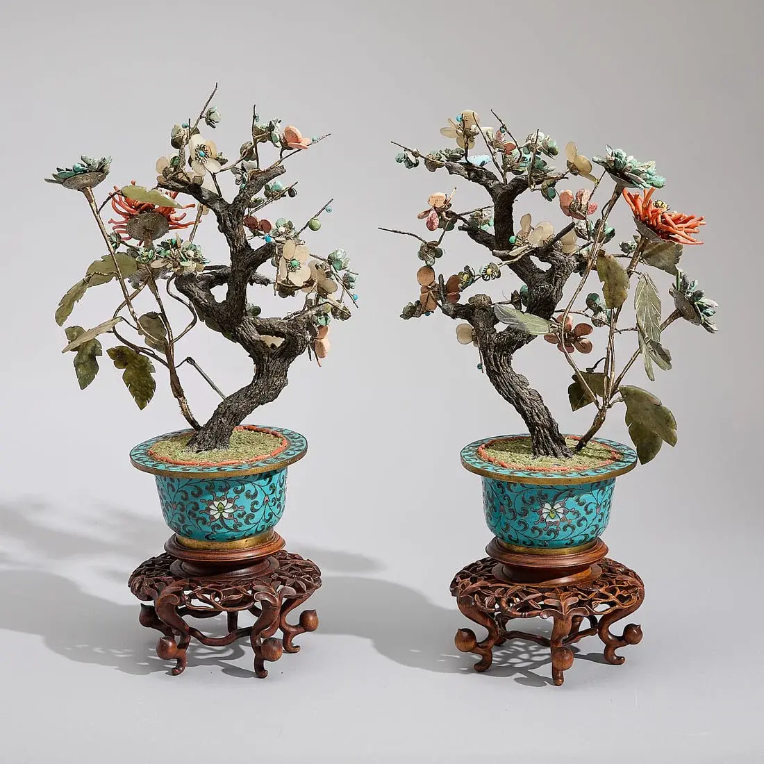 Pr Chinese Jade & Cloisonne Bonsai Tree Models