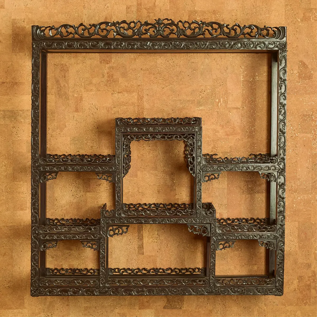 Chinese Carved Hardwood Wall Vitrine Etagere